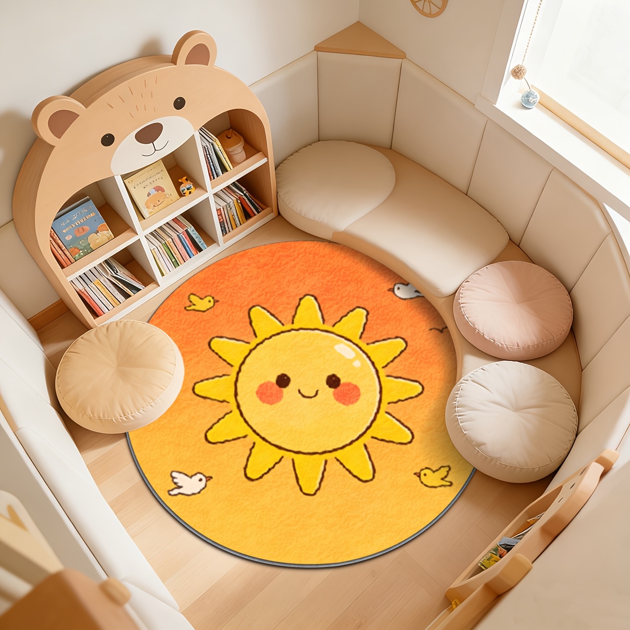 Baby Nursery Carpet - พรมปูพื้นรูปทรงกลมสีเหลืองสำหรับเด็ก พรมห้องเด็กเล่น ของตกแต่งห้องเด็กอ่อน พรมนุ่มน่ารักสำหรับเด็กวัยหัดเดิน พรมปูพื้นห้องเด็ก