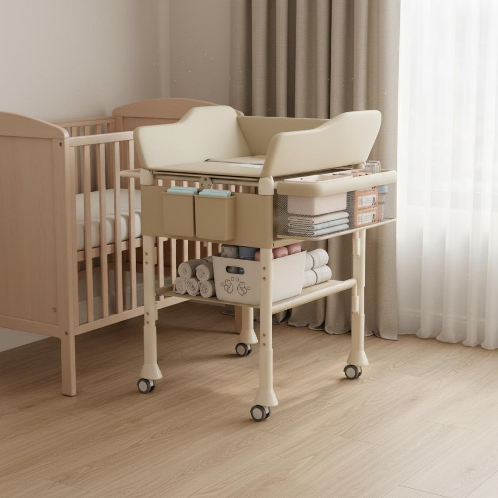 Baby Nursery Table - โต๊ะอาบน้ำเด็กแบบ 2 in 1 ปรับระดับความสูงได้ พร้อมโต๊ะเปลี่ยนผ้าอ้อมแบบมีล้อ
