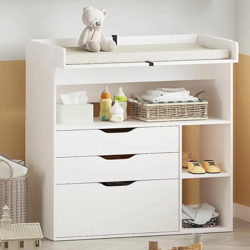 Baby Nursery Table - โต๊ะเปลี่ยนผ้าอ้อมเด็กแบบมินิมอลร่วมสมัย ทำจาก MDF สีขาว พร้อมลิ้นชัก 3