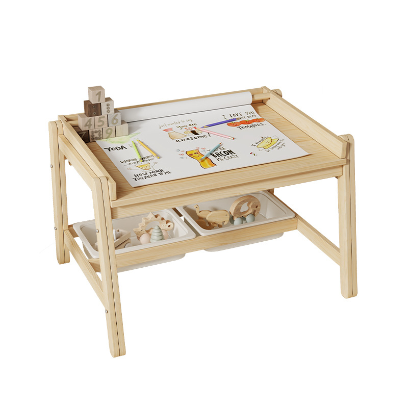 Baby Nursery Table - โต๊ะและเก้าอี้ไม้เนื้อแข็ง โต๊ะเรียนรู้สำหรับเด็กแบบปรับระดับได้ รูปทรงสี่เหลี่ยมผืนผ้า โต๊ะสำหรับเด็กเล็กเพื่อการศึกษาปฐมวัย