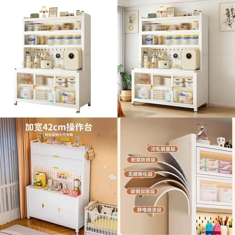 Baby Nursery Table - โต๊ะป้อนนมเด็กเหล็กพร้อมชั้นเก็บของ ความจุขนาดใหญ่ ตู้เก็บนมผงอเนกประสงค์ ตู้ของเล่นสำหรับเด็ก
