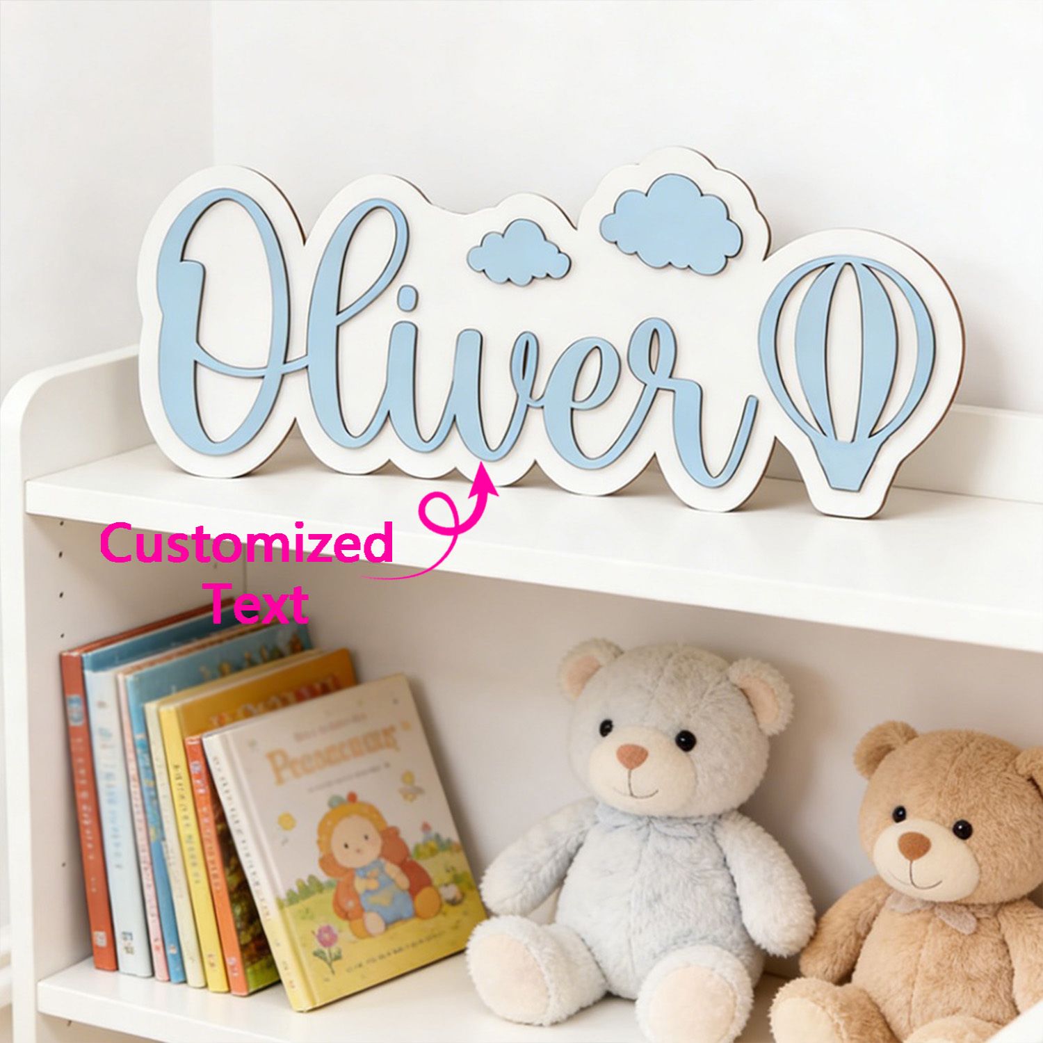Baby Nursery Gifts - ป้ายชื่อห้องรูปบอลลูนลมร้อนและเมฆแบบปรับแต่งได้, ป้ายไม้สีฟ้าพาสเทลที่สามารถปรับแต่งได้, ของตกแต่งห้องนอนเด็ก, ของขวัญแสนหวาน
