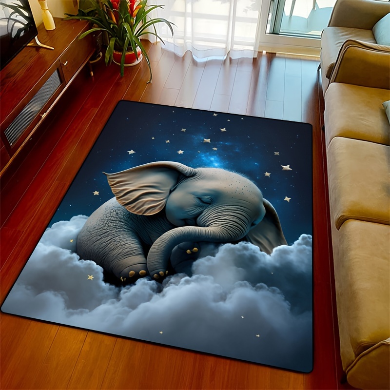 Baby Nursery Carpet - พรมลายช้างแสนหวานสำหรับห้องเด็ก | การออกแบบเมฆยามค่ำคืนที่เต็มไปด้วยดวงดาว | พรมปูพื้นนุ่มสำหรับห้องเด็ก ป้องกันการลื่น